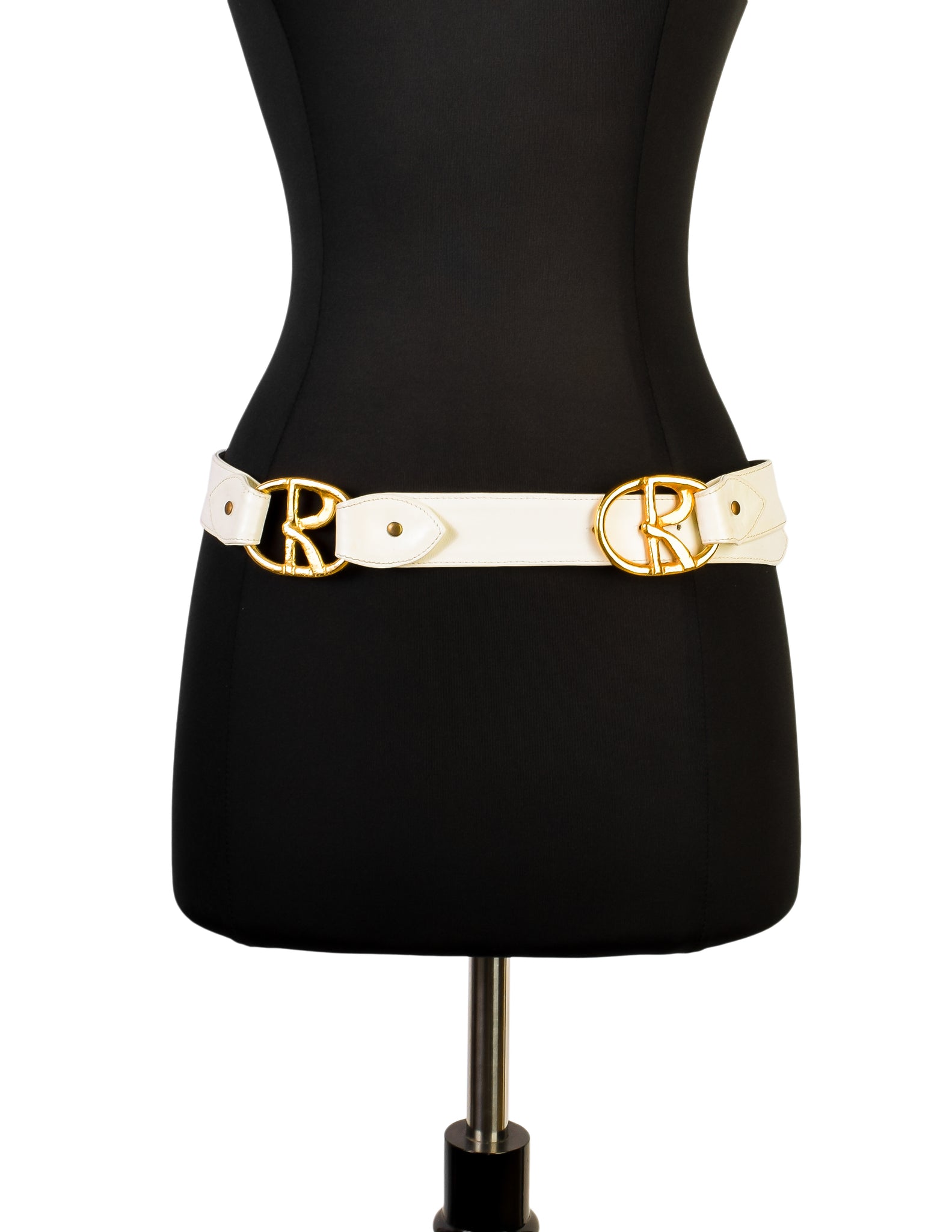 Roberta di Camerino Vintage White Leather Brass R Logo Belt