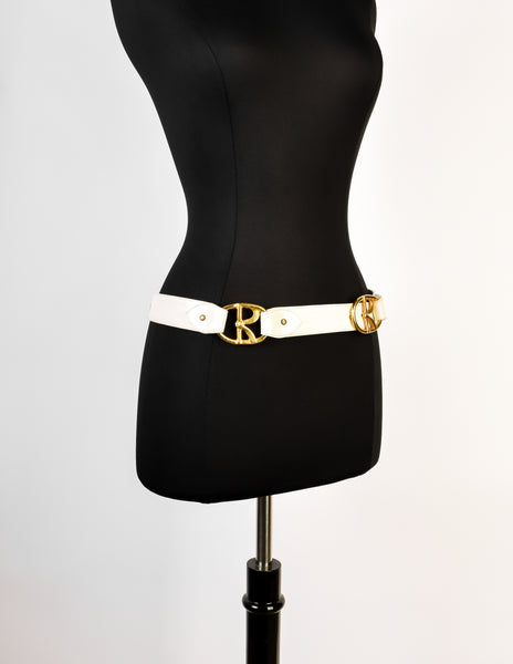 Roberta di Camerino Vintage White Leather Brass R Logo Belt