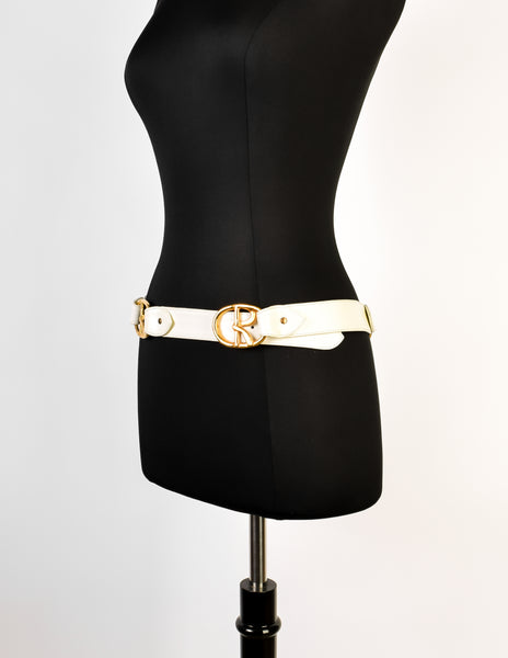 Roberta di Camerino Vintage White Leather Brass R Logo Belt