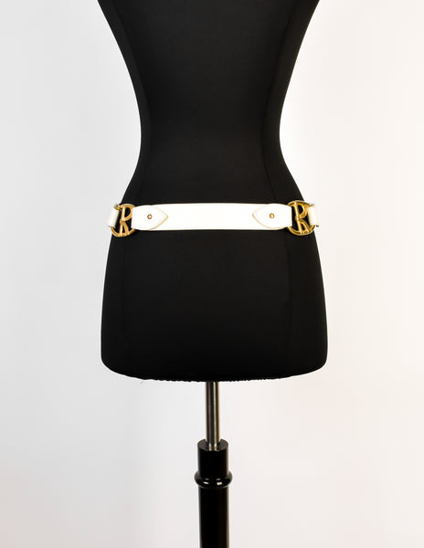 Roberta di Camerino Vintage White Leather Brass R Logo Belt