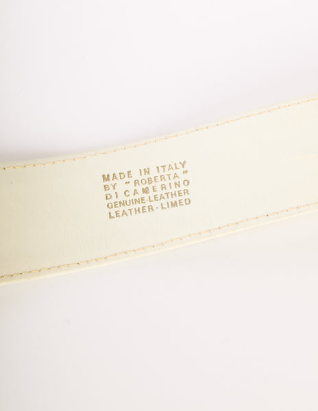 Roberta di Camerino Vintage White Leather Brass R Logo Belt