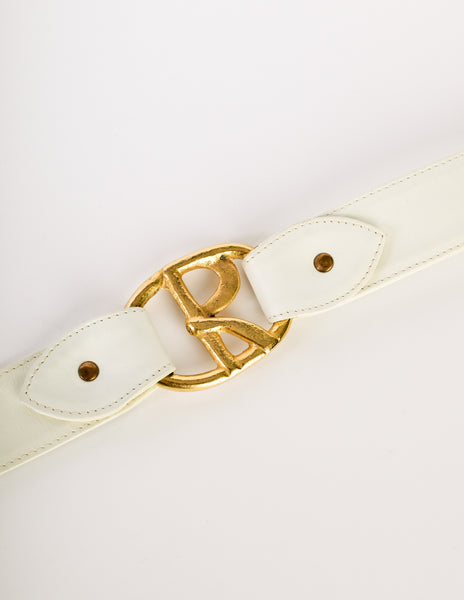 Roberta di Camerino Vintage White Leather Brass R Logo Belt
