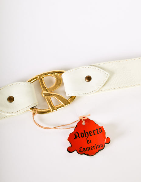 Roberta di Camerino Vintage White Leather Brass R Logo Belt
