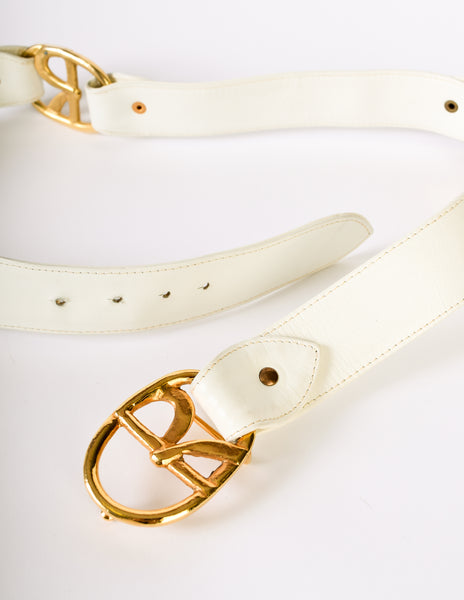 Roberta di Camerino Vintage White Leather Brass R Logo Belt