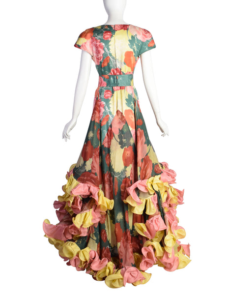 Roberto Capucci Vintage Phenomenal Alta Moda Floral Silk Layered Cascading Ruffle Gown