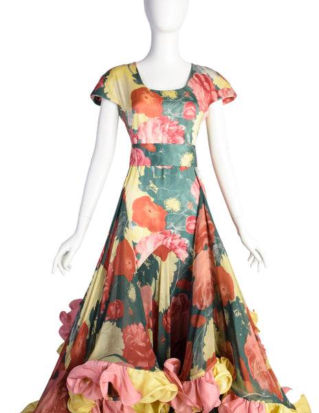 Roberto Capucci Vintage SS 1989 Phenomenal Alta Moda Floral Silk Layered Cascading Ruffle Gown