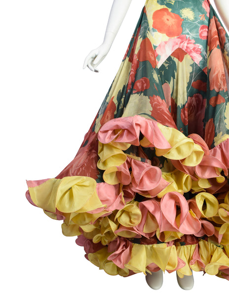 Roberto Capucci Vintage Phenomenal Alta Moda Floral Silk Layered Cascading Ruffle Gown