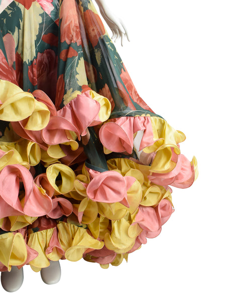 Roberto Capucci Vintage SS 1989 Phenomenal Alta Moda Floral Silk Layered Cascading Ruffle Gown