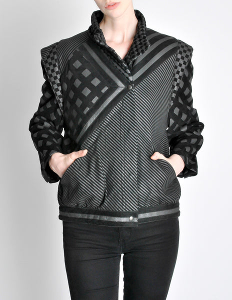 Roberto Cavalli Vintage Black & Grey Geometric Print Leather Jacket