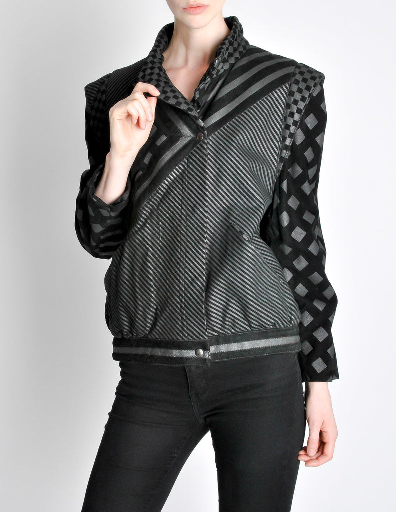 Roberto Cavalli Vintage Black & Grey Geometric Print Leather