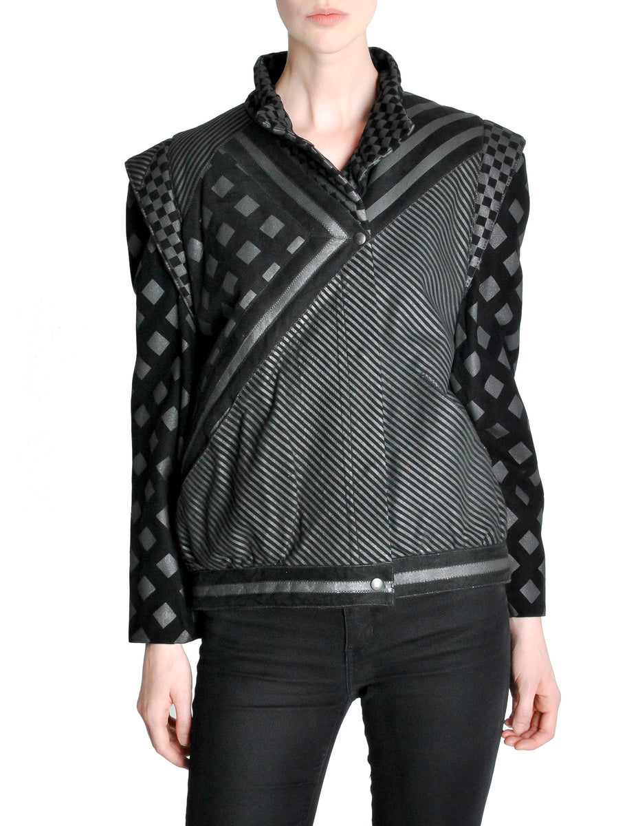 Roberto Cavalli Vintage Black & Grey Geometric Print Leather Jacket ...