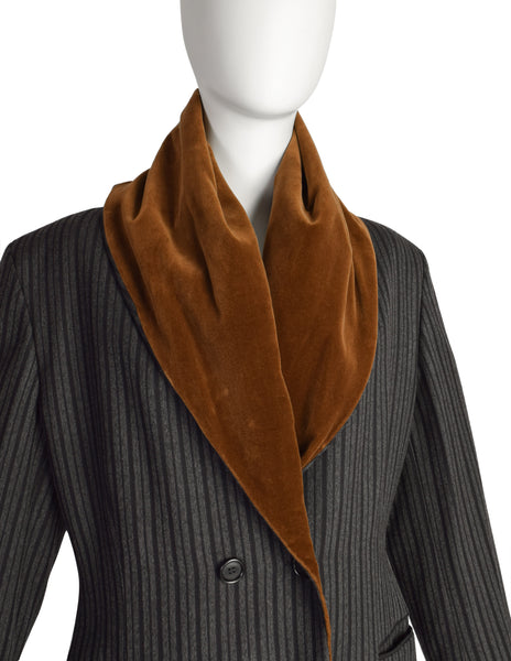 Romeo Gigli Vintage AW 1989 Black Grey Striped Wool Brown Velvet Shawl Collar Hooded Coat