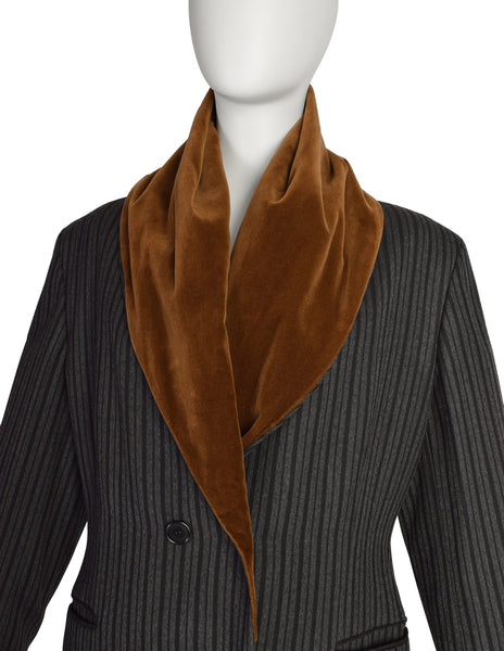 Romeo Gigli Vintage AW 1989 Black Grey Striped Wool Brown Velvet Shawl Collar Hooded Coat