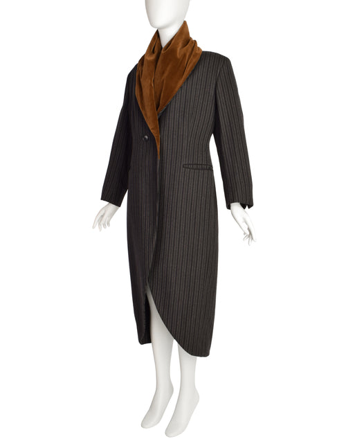 Romeo Gigli Vintage AW 1989 Black Grey Striped Wool Brown Velvet