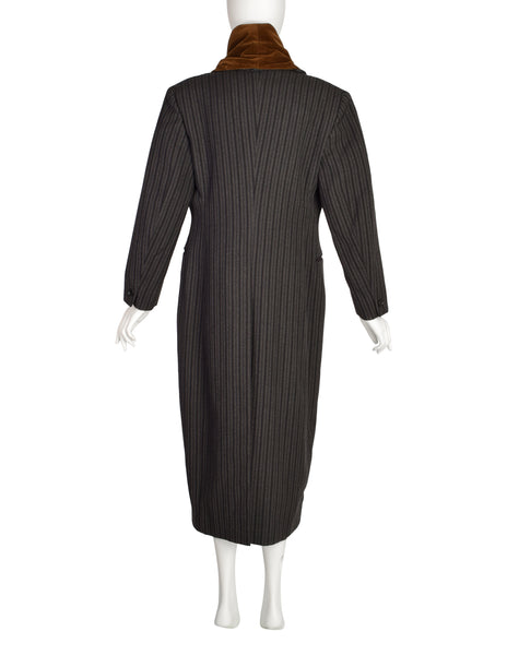 Romeo Gigli Vintage AW 1989 Black Grey Striped Wool Brown Velvet Shawl Collar Hooded Coat