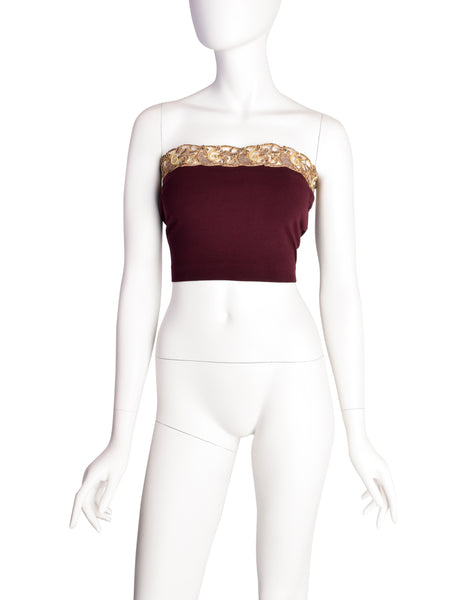 Romeo Gigli Vintage SS 1990 Gold Metal Embroidery Maroon Tube Top