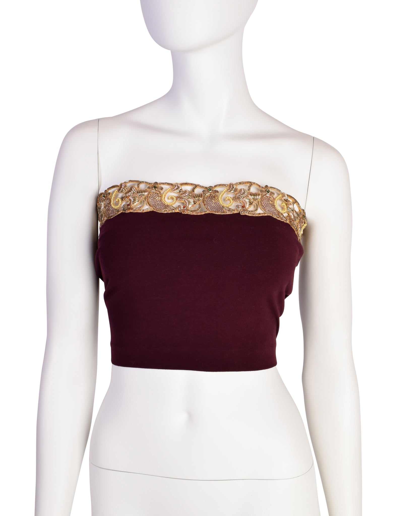Romeo Gigli Vintage SS 1990 Gold Metal Embroidery Maroon Tube Top