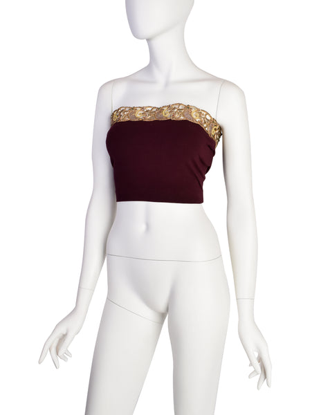 Romeo Gigli Vintage SS 1990 Gold Metal Embroidery Maroon Tube Top