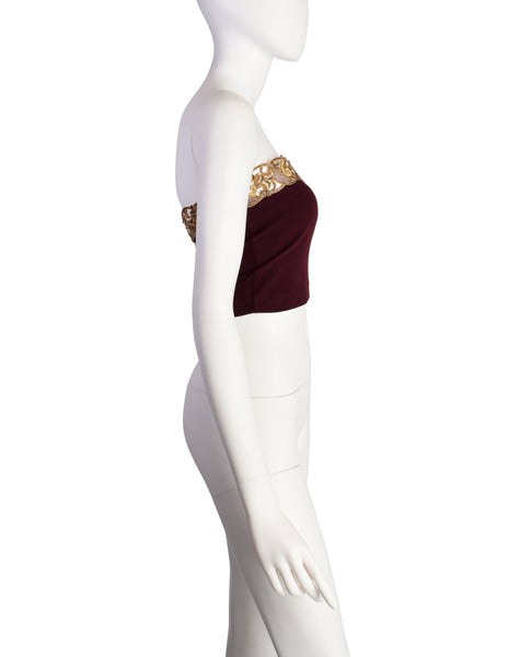 Romeo Gigli Vintage SS 1990 Gold Metal Embroidery Maroon Tube Top