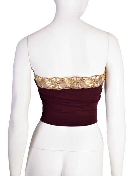 Romeo Gigli Vintage SS 1990 Gold Metal Embroidery Maroon Tube Top