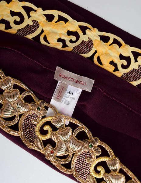 Romeo Gigli Vintage SS 1990 Gold Metal Embroidery Maroon Tube Top