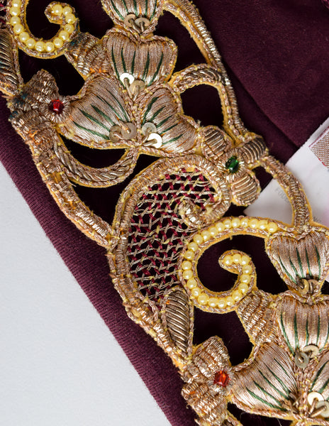 Romeo Gigli Vintage SS 1990 Gold Metal Embroidery Maroon Tube Top