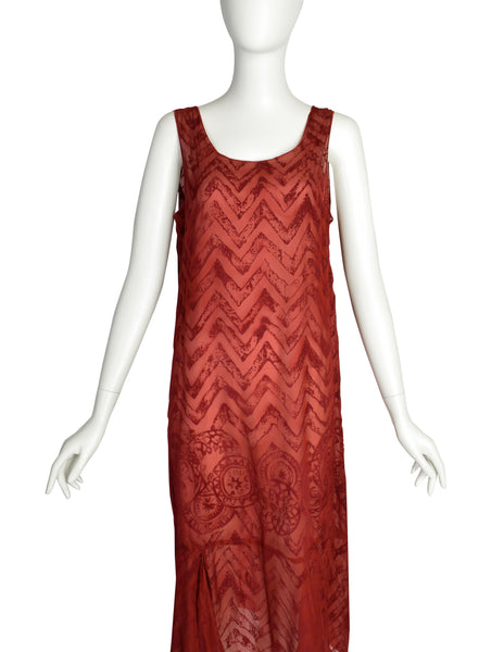 Romeo Gigli Vintage AW 1997 Burgundy Velvet Burnout Sheer Silk Chiffon Dress
