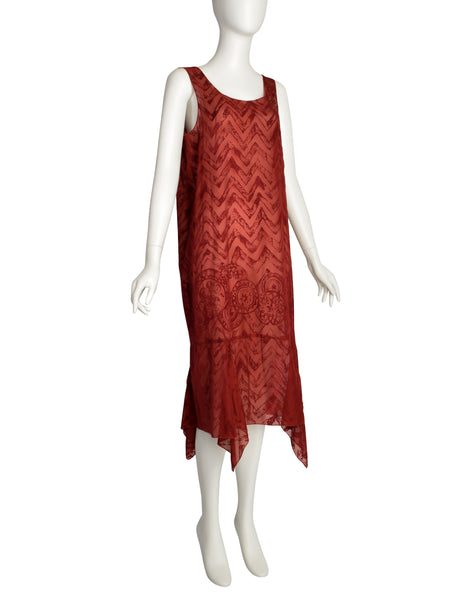Romeo Gigli Vintage AW 1997 Burgundy Velvet Burnout Sheer Silk Chiffon Dress