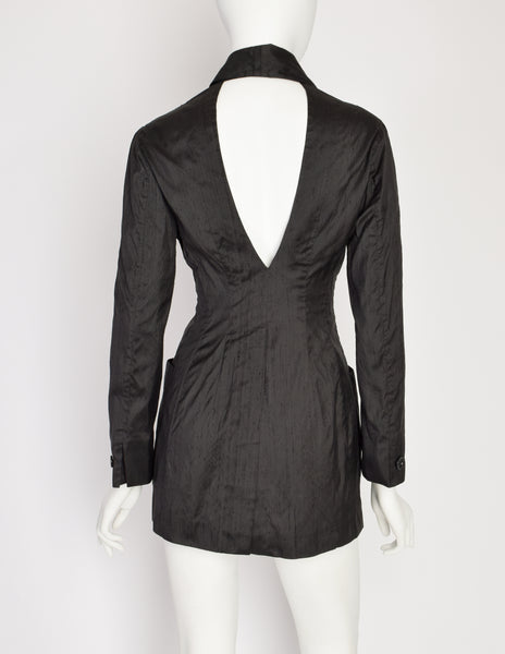 Romeo Gigli Vintage 1996 Black Raw Silk Cut Out Back Blazer Jacket