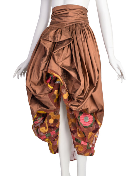 Romeo Gigli Vintage SS 1990 Important Bronze Silk Shantung Embroidered Floral Bubble Cocoon Skirt