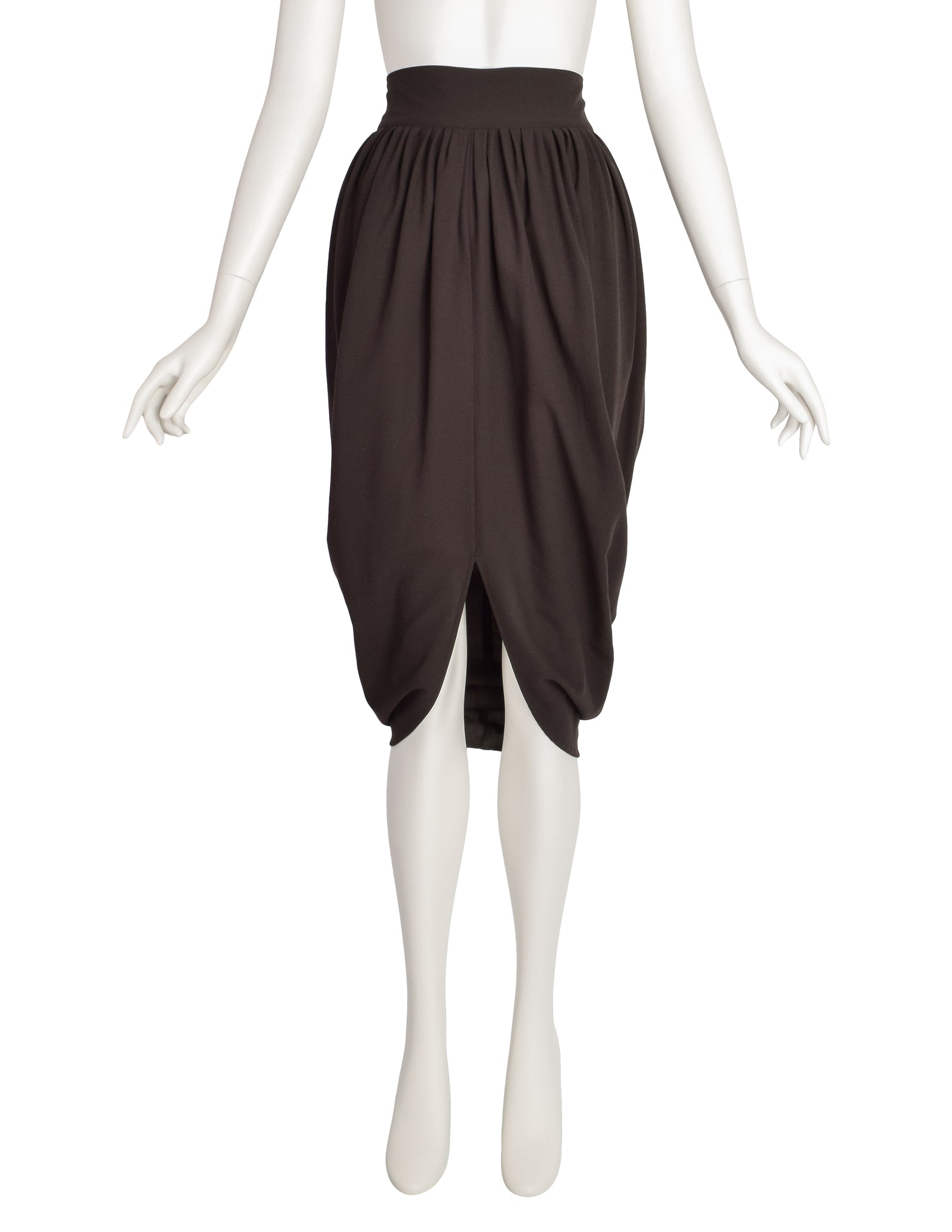 Romeo Gigli Vintage 1980s Deepest Brown Wool Crepe Draping Tulip Cocoon Skirt