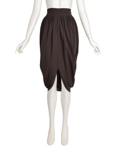 Romeo Gigli Vintage 1980s Deepest Brown Wool Crepe Draping Tulip Cocoon Skirt