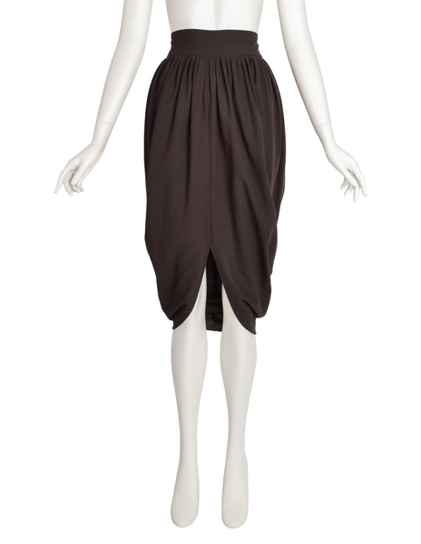Romeo Gigli Vintage 1980s Deepest Brown Wool Crepe Draping Tulip Cocoon Skirt