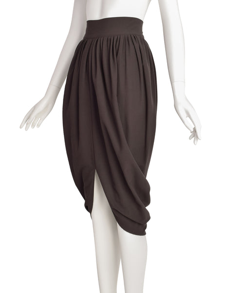 Romeo Gigli Vintage 1980s Deepest Brown Wool Crepe Draping Tulip Cocoon Skirt