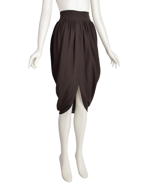 Romeo Gigli Vintage 1980s Deepest Brown Wool Crepe Draping Tulip Cocoon Skirt