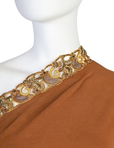 Romeo Gigli Vintage SS 1990 Gold Metal Embroidery Ochre One Shoulder Top