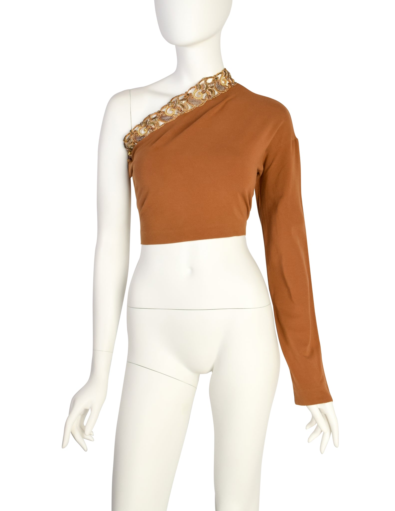 Romeo Gigli Vintage SS 1990 Gold Metal Embroidery Ochre One Shoulder Top
