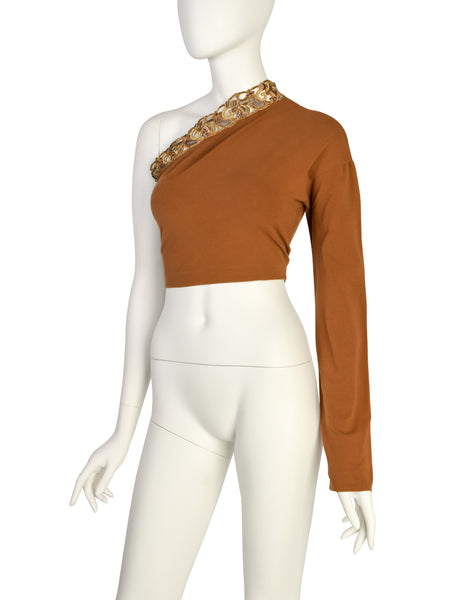 Romeo Gigli Vintage SS 1990 Gold Metal Embroidery Ochre One Shoulder Top