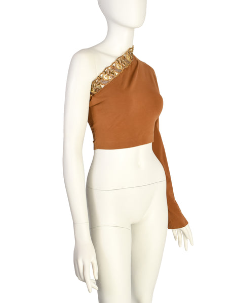Romeo Gigli Vintage SS 1990 Gold Metal Embroidery Ochre One Shoulder Top