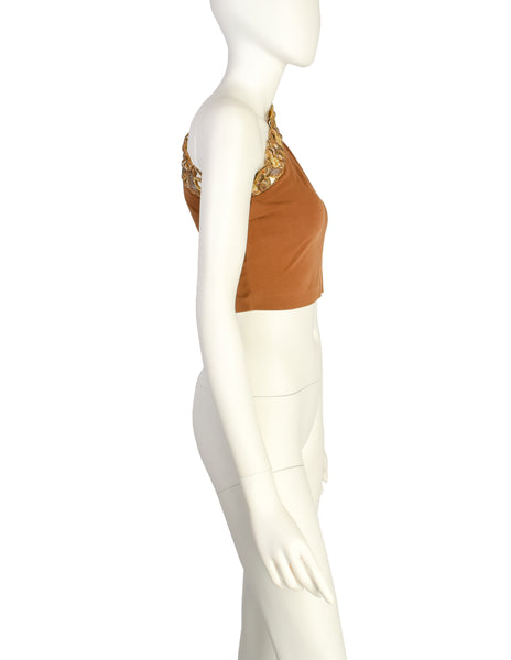 Romeo Gigli Vintage SS 1990 Gold Metal Embroidery Ochre One Shoulder Top