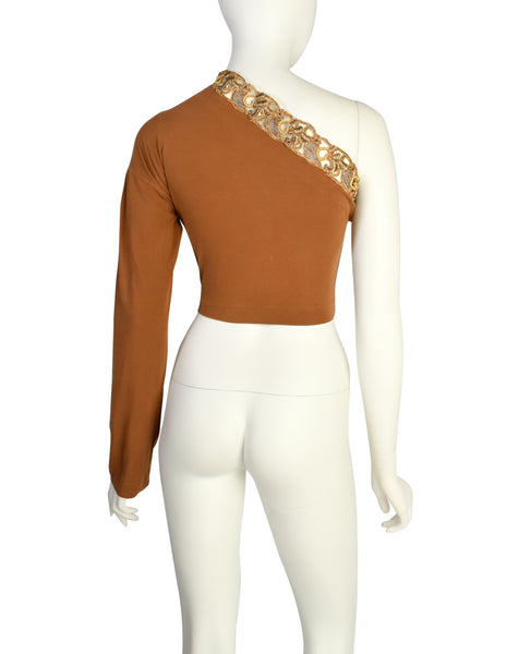 Romeo Gigli Vintage SS 1990 Gold Metal Embroidery Ochre One Shoulder Top