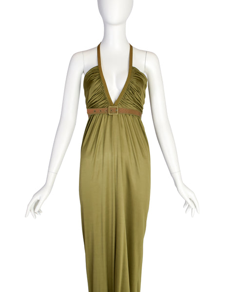 Romeo Gigli SS 1996 Green Rayon Gathered Deep V Empire Waist Dress with Brown Silk Train