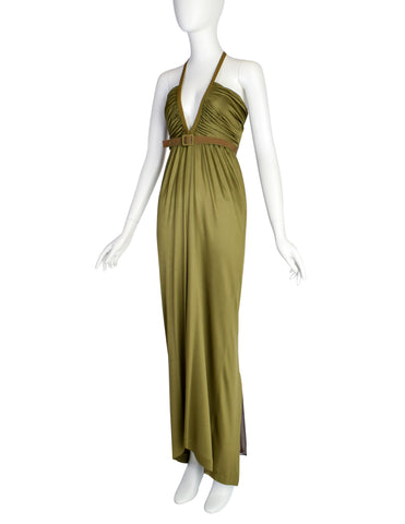 Romeo Gigli SS 1996 Green Rayon Gathered Deep V Empire Waist Dress with Brown Silk Train
