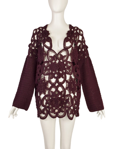 Romeo Gigli Vintage Maroon Open Floral Crochet Button Up Cardigan Sweater