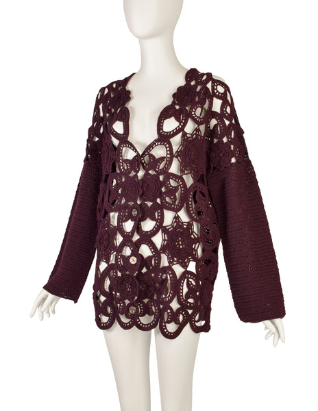 Romeo Gigli Vintage Maroon Open Floral Crochet Button Up Cardigan Sweater