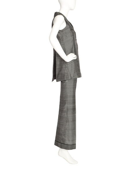 Romeo Gigli Vintage 1997 Black White Grid Raw Silk Vest Top and Pants Set
