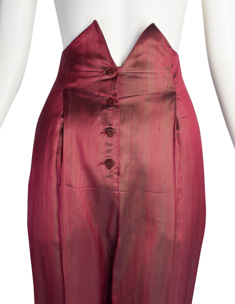 Romeo Gigli Vintage SS 1990 Burgundy Green Iridescent Silk Shantung Ultra High Waist Pants