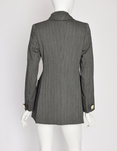 Romeo Gigli Vintage 1995 Grey Morning Stripe Gathered Collar Cameo Button Wool Blazer Jacket