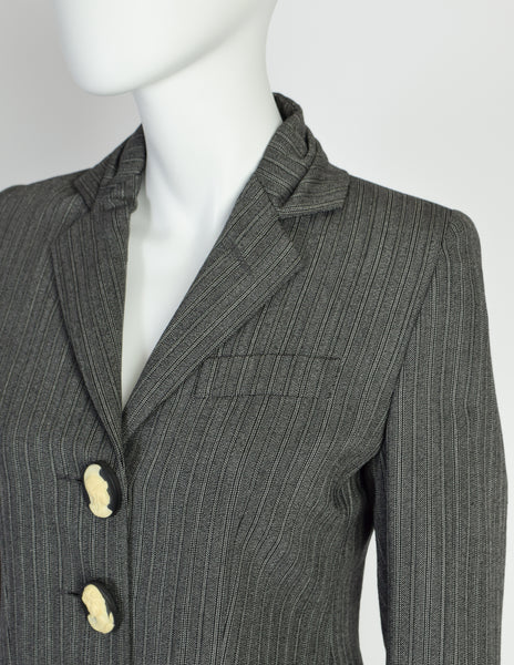 Romeo Gigli Vintage 1995 Grey Morning Stripe Gathered Collar Cameo Button Wool Blazer Jacket