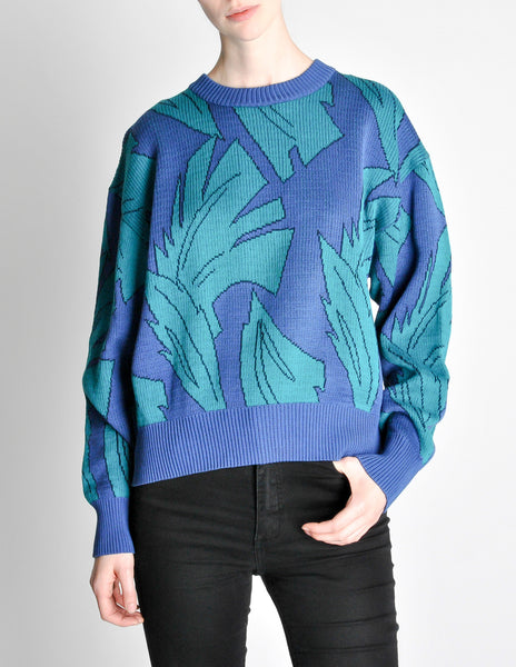 Saint Laurent Rive Gauche Vintage Leaf Print Knit Sweater